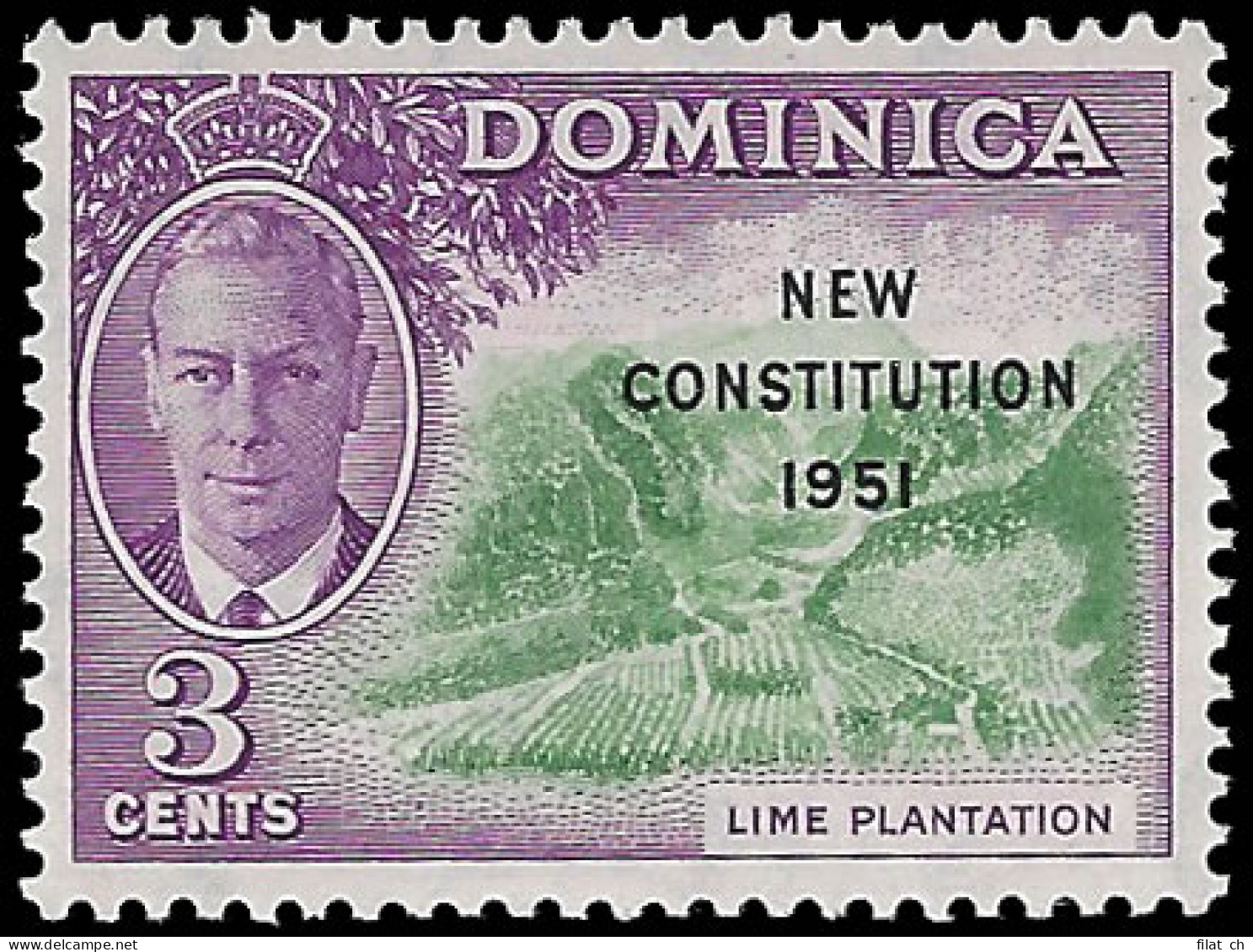 Dominica 1951 KGVI 3c "C" Of "CA" Missing From Watermark - Dominica (...-1978)