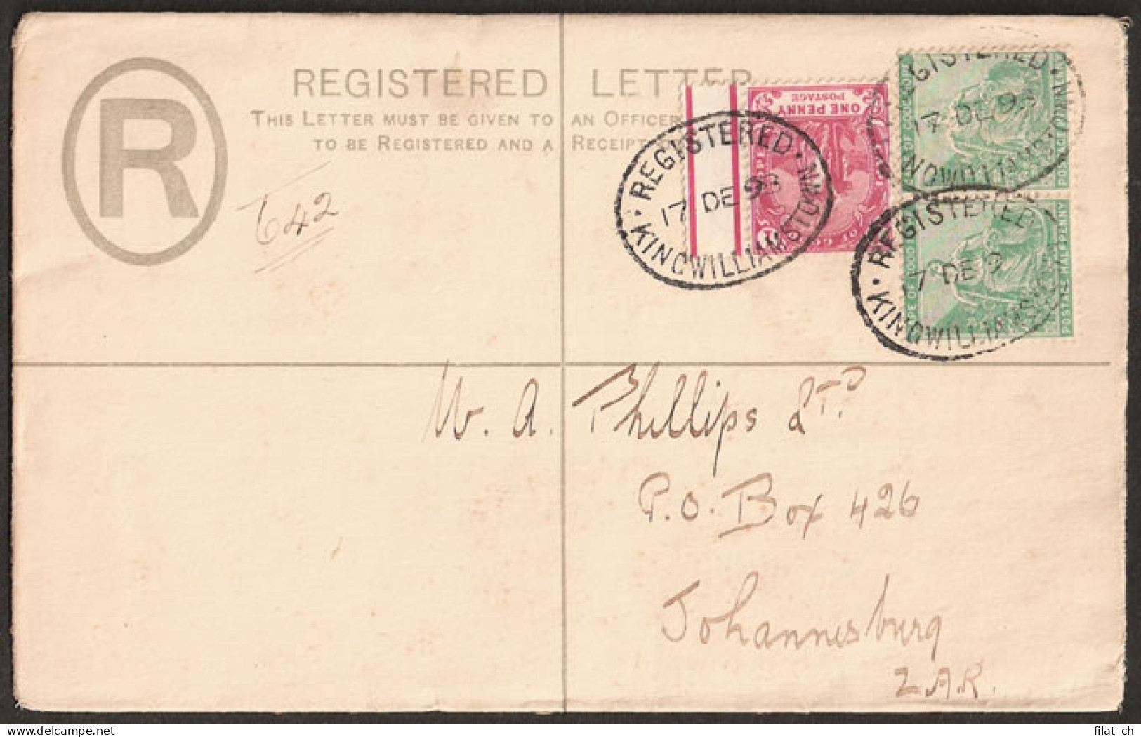 Cape Of Good Hope 1893 Registered Stationery Envelope Ex KWtown - Cap De Bonne Espérance (1853-1904)