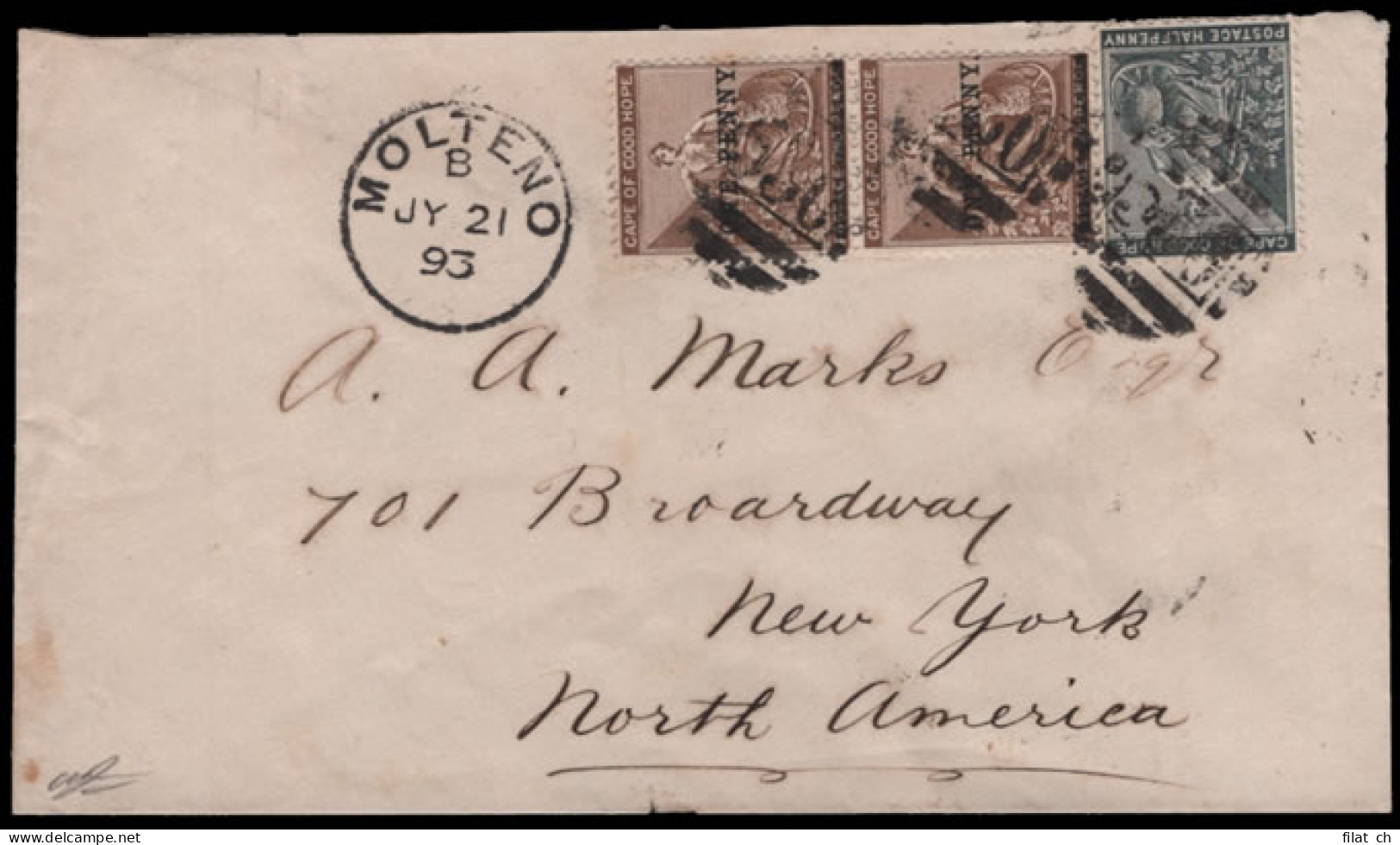 Cape Of Good Hope 1893 Molteno BONC 530 Letter To USA - Cap De Bonne Espérance (1853-1904)