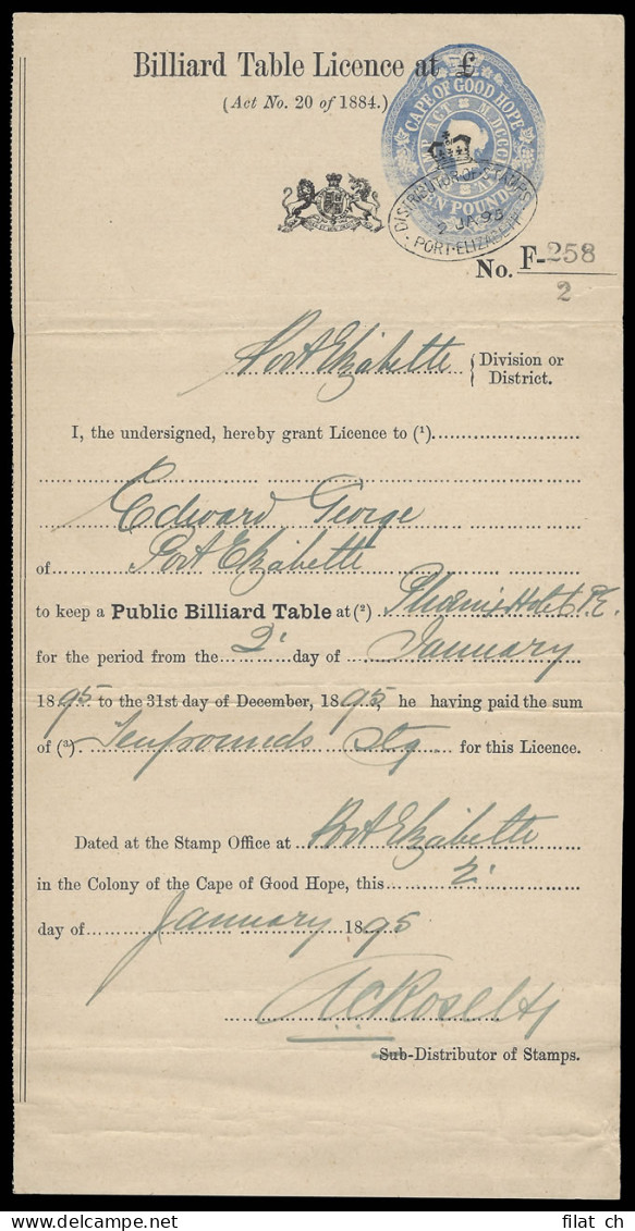 Cape Of Good Hope 1895 Billiard Table License - Cap De Bonne Espérance (1853-1904)