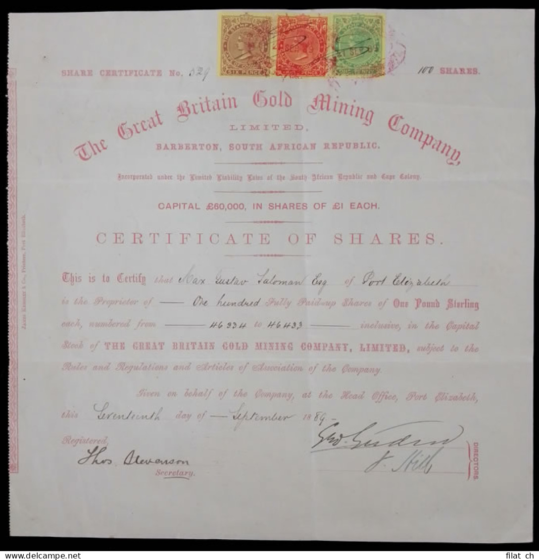 Cape Of Good Hope 1889 Share Certificate Great Britain Gold - Cape Of Good Hope (1853-1904)