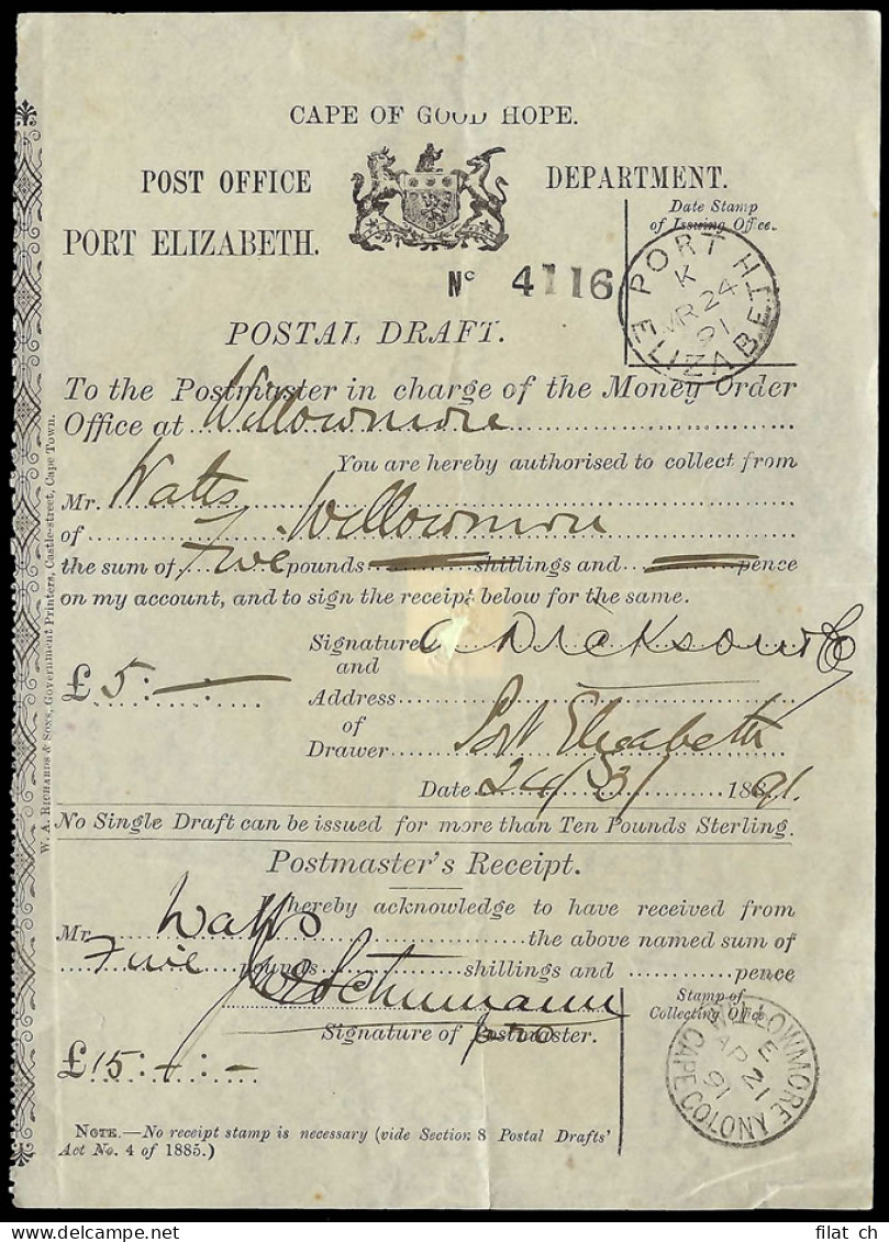 Cape Of Good Hope 1891 Post Office Postal Draft Receipt - Kap Der Guten Hoffnung (1853-1904)