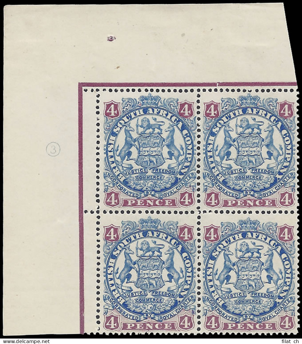 Rhodesia 1896 4d Arms Rare Plate Number Block - Autres & Non Classés