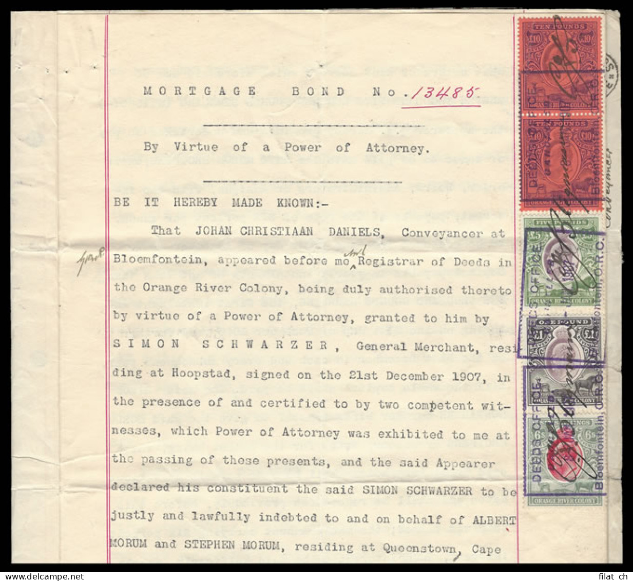 Orange River Colony Revenue 1907 KEVII's On Mortgage Bond - Oranje Vrijstaat (1868-1909)