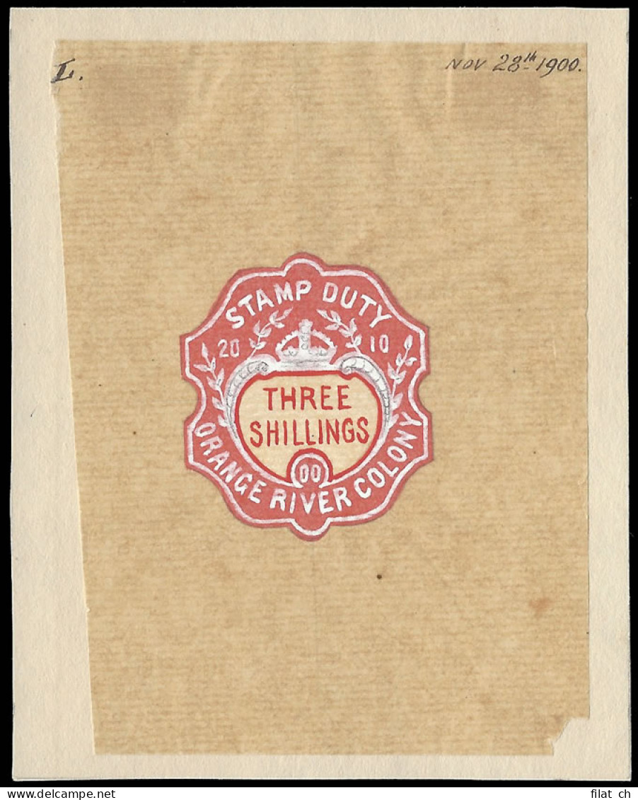 Orange River Colony Revenue 1900 De La Rue Handpainted 3/- Essay - Orange Free State (1868-1909)