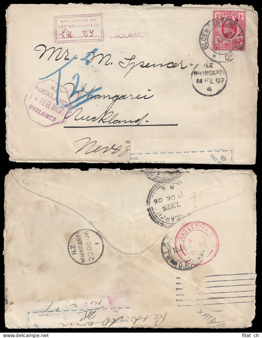 Orange Free State 1906 Unclaimed Letter To New Zealand - Oranje-Freistaat (1868-1909)