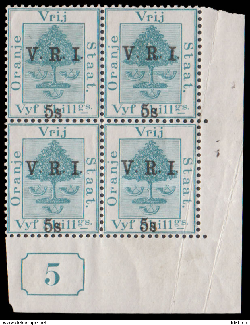 Orange Free State 1900 VRI SG122 5/- "Current No" Block - Orange Free State (1868-1909)