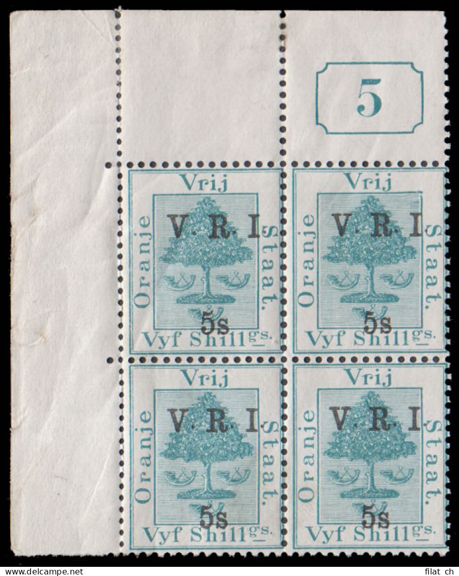 Orange Free State 1900 VRI SG122 5/- "Current No", Short Top 5 - Orange Free State (1868-1909)