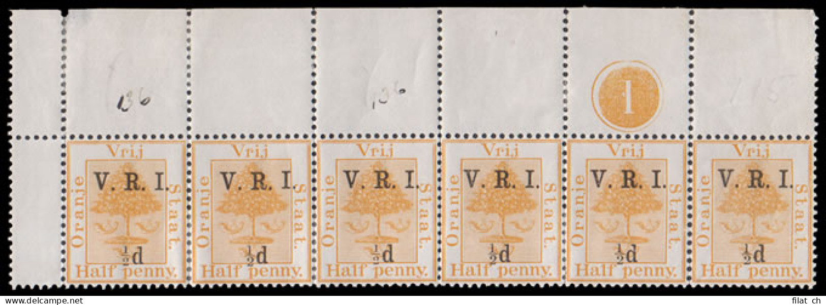 Orange Free State 1900 VRI SG101 Small "&frac12;"d Twice Strip - Orange Free State (1868-1909)