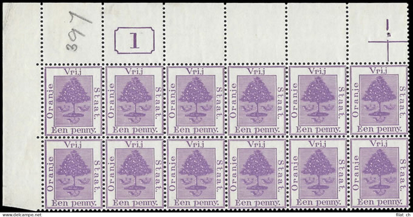 Orange Free State 1894 1d Plate No (Rectangle) Block - Oranje-Freistaat (1868-1909)