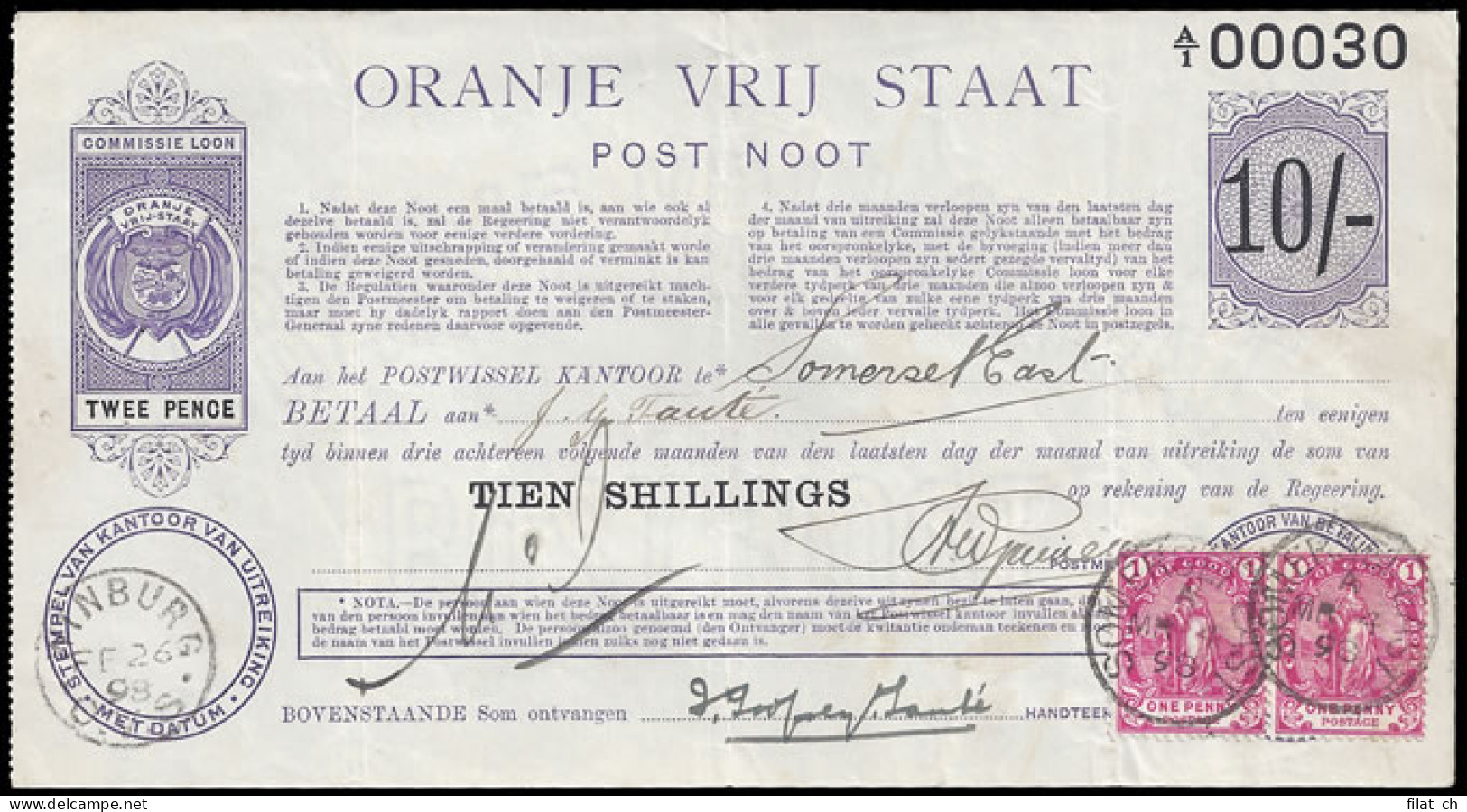 Orange Free State 1898 Postal Note 10/- Money Order To Cape - Orange Free State (1868-1909)