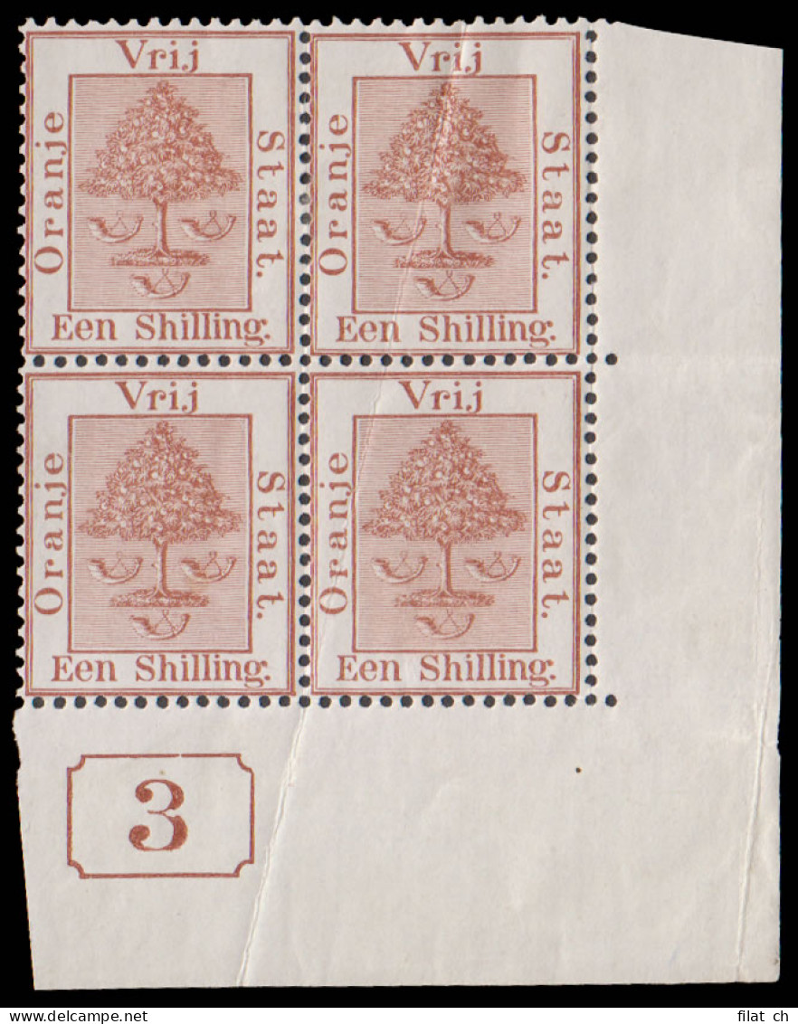 Orange Free State 1897 1/- Brown "Current No" Block - Oranje Vrijstaat (1868-1909)