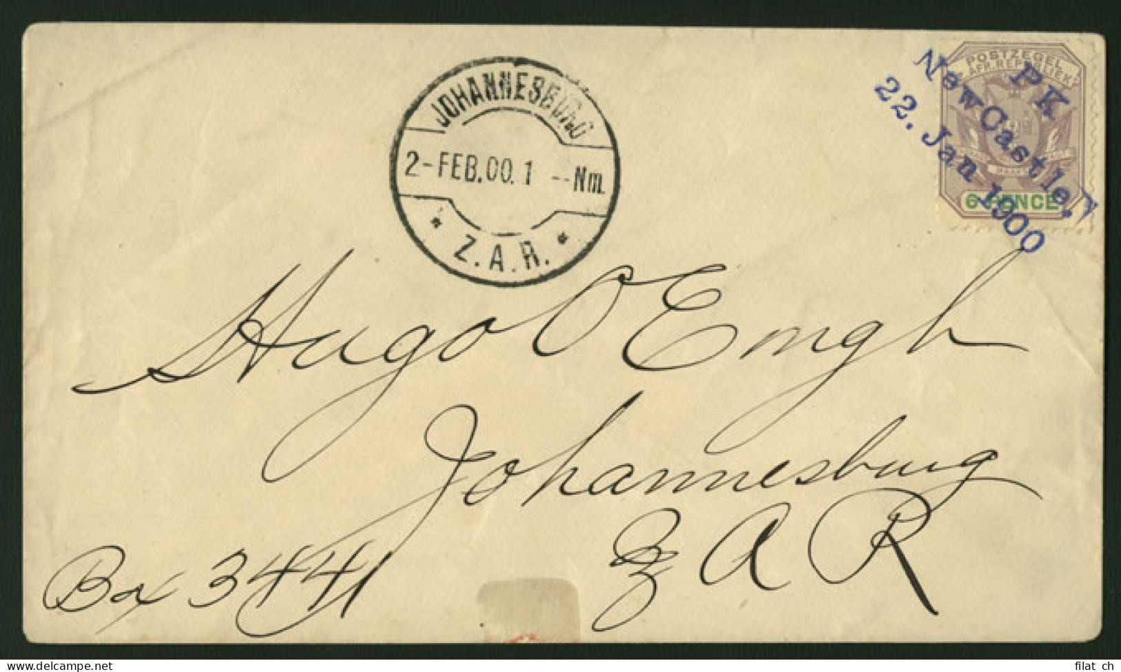 Natal 1900 P K Newcastle Cover Tvl 6d Franking - Natal (1857-1909)