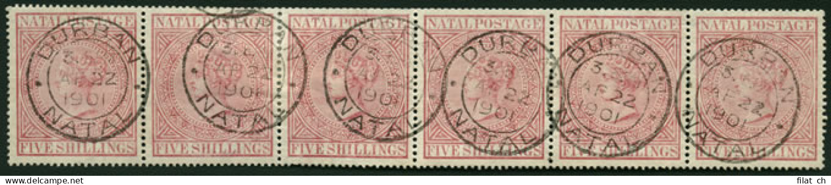 Natal 1899 QV 5/- Carmine, Strip Of Six VF/U - Natal (1857-1909)