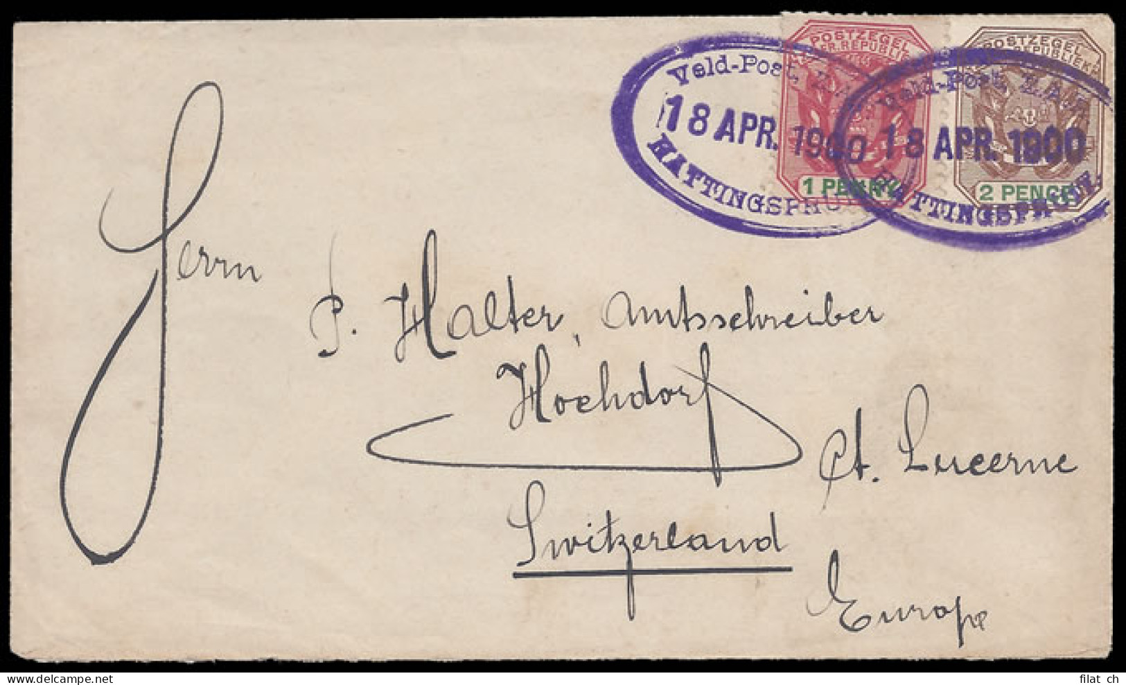 Natal 1900 Hattingspruit ZAR Oval On Letter To Switzerland - Natal (1857-1909)