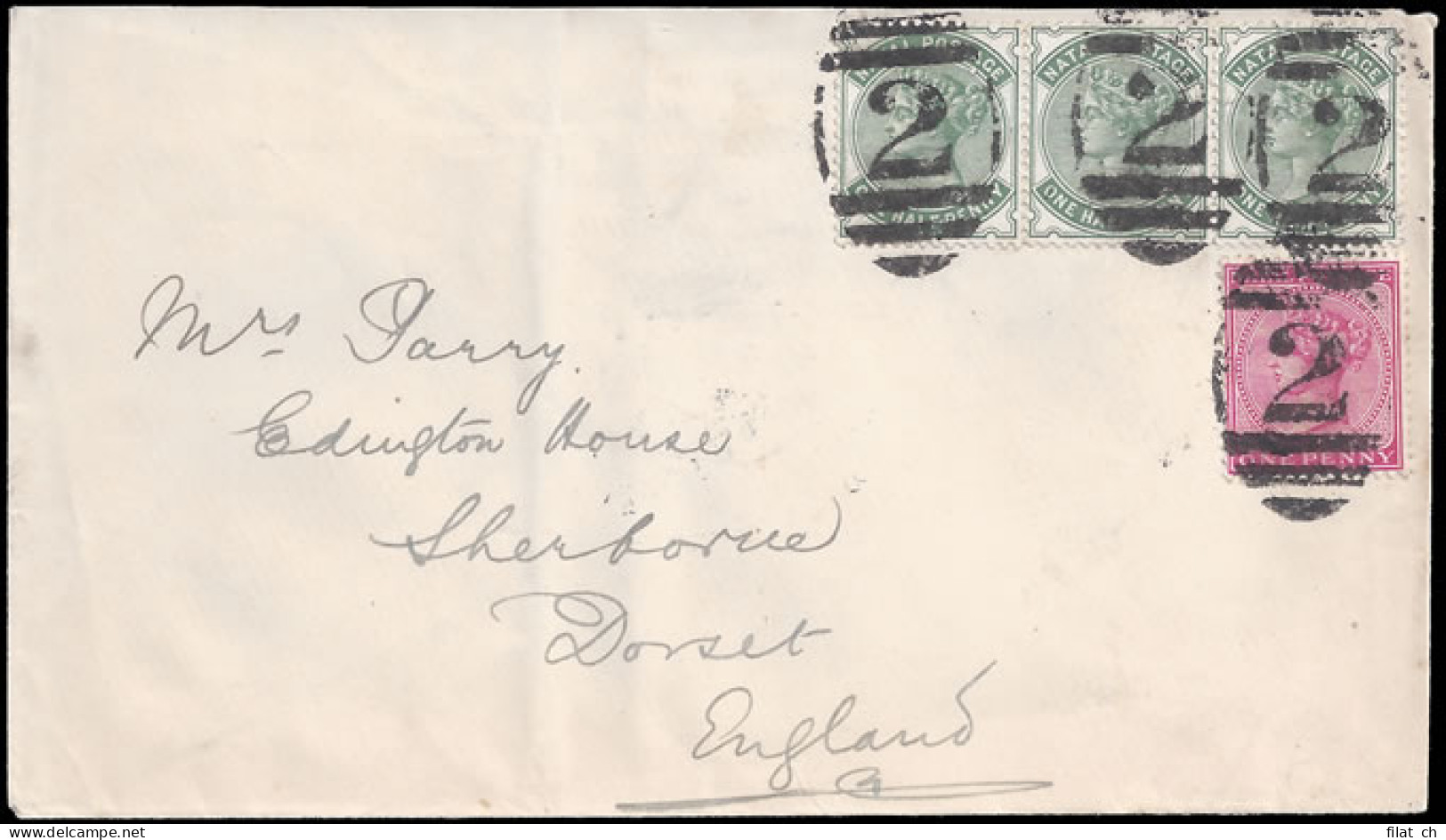 Natal 1898 Durban To UK, Superb Numeral 2 Cancellers - Natal (1857-1909)