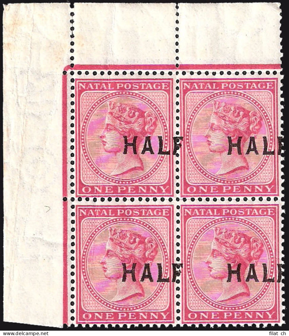 Natal 1895 QV Half Shifted Overprint Variety In Block - Natal (1857-1909)