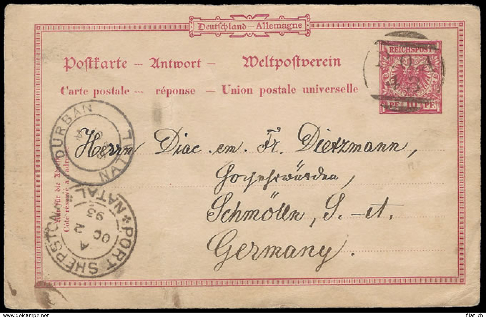 Natal 1893 POA 43 VF Strike On Rare Reply Paid Use To Germany - Natal (1857-1909)