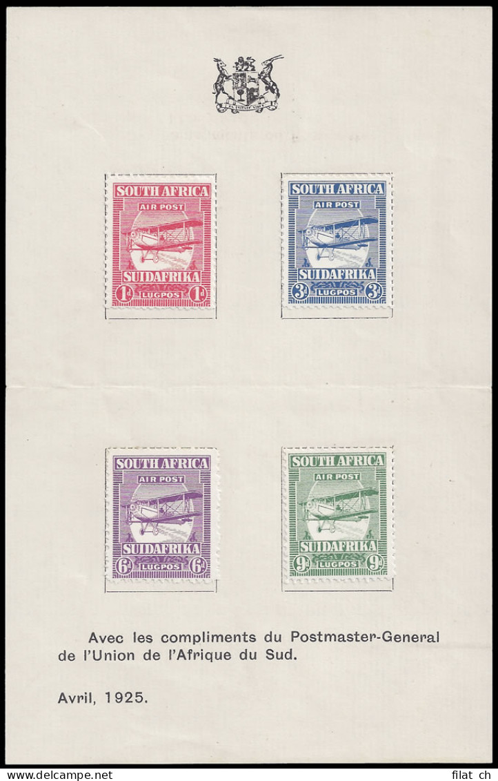 South Africa 1925 Airmails UPU Presentation Sheet - Poste Aérienne