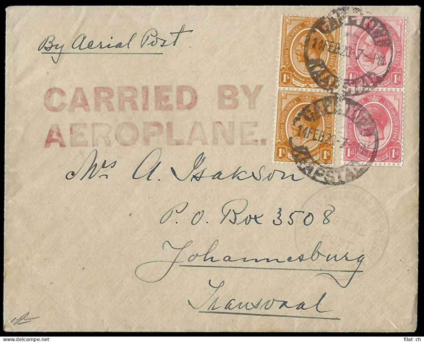 South Africa 1920 Handley Page Flight Cover, Rare - Aéreo