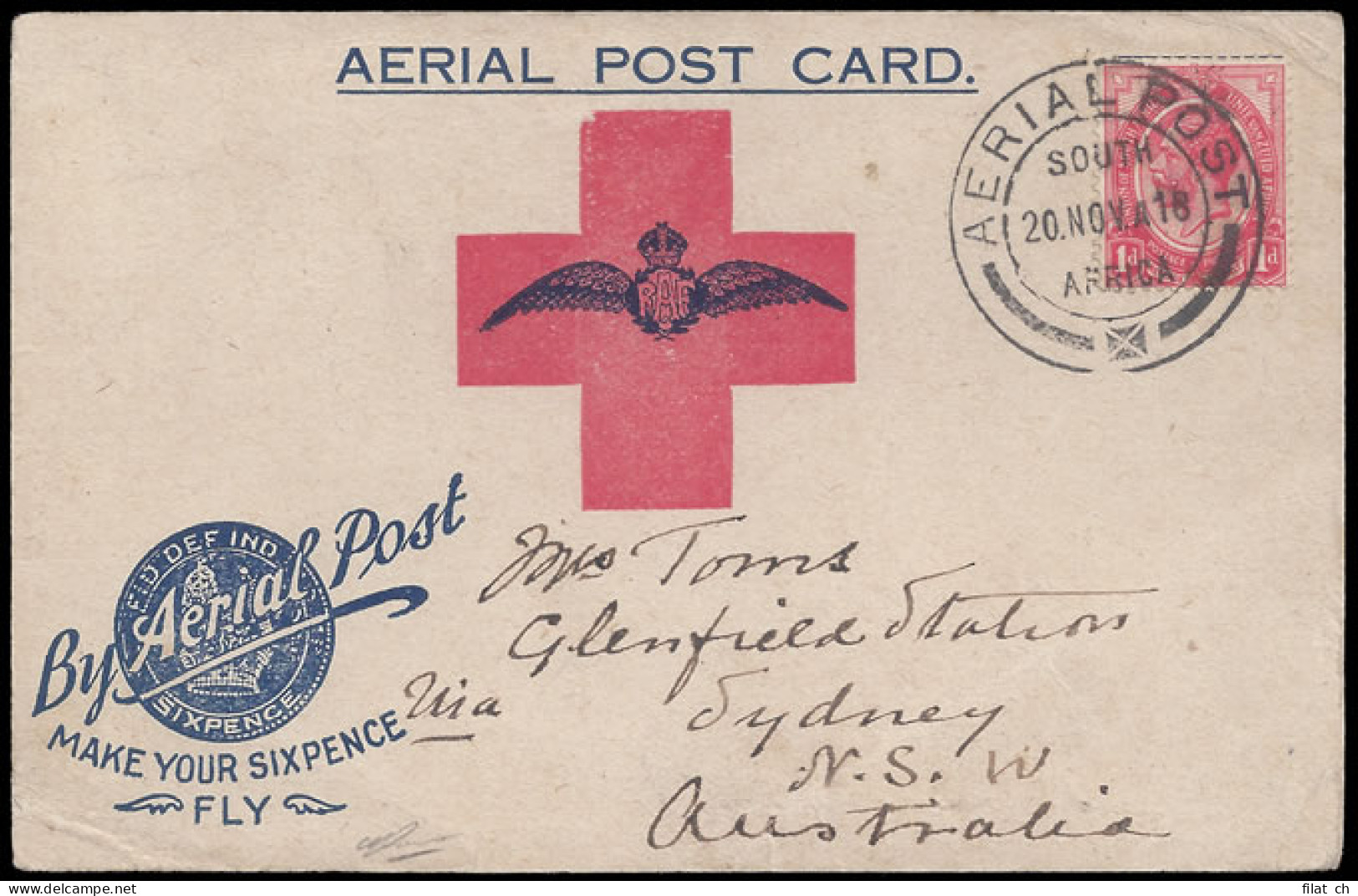 South Africa 1918 Wanderer's Flight, Australia Address - Luftpost