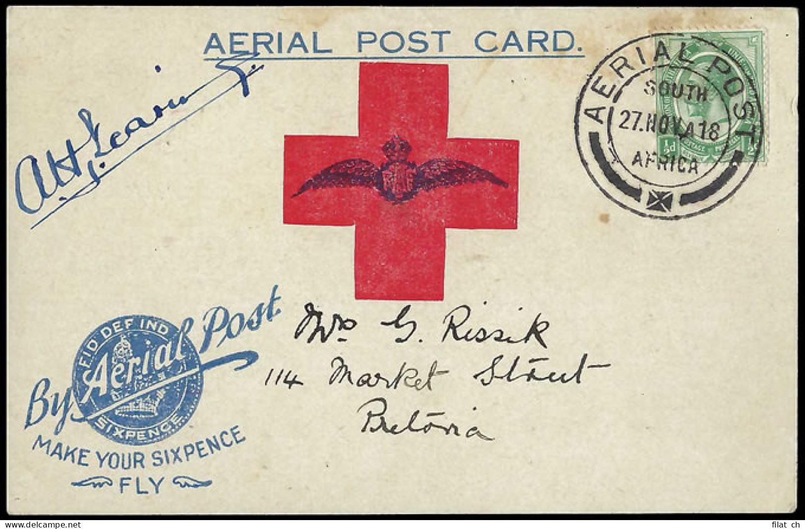 South Africa 1918 Pretoria Flight Card, Pilot Signed, Rare - Poste Aérienne