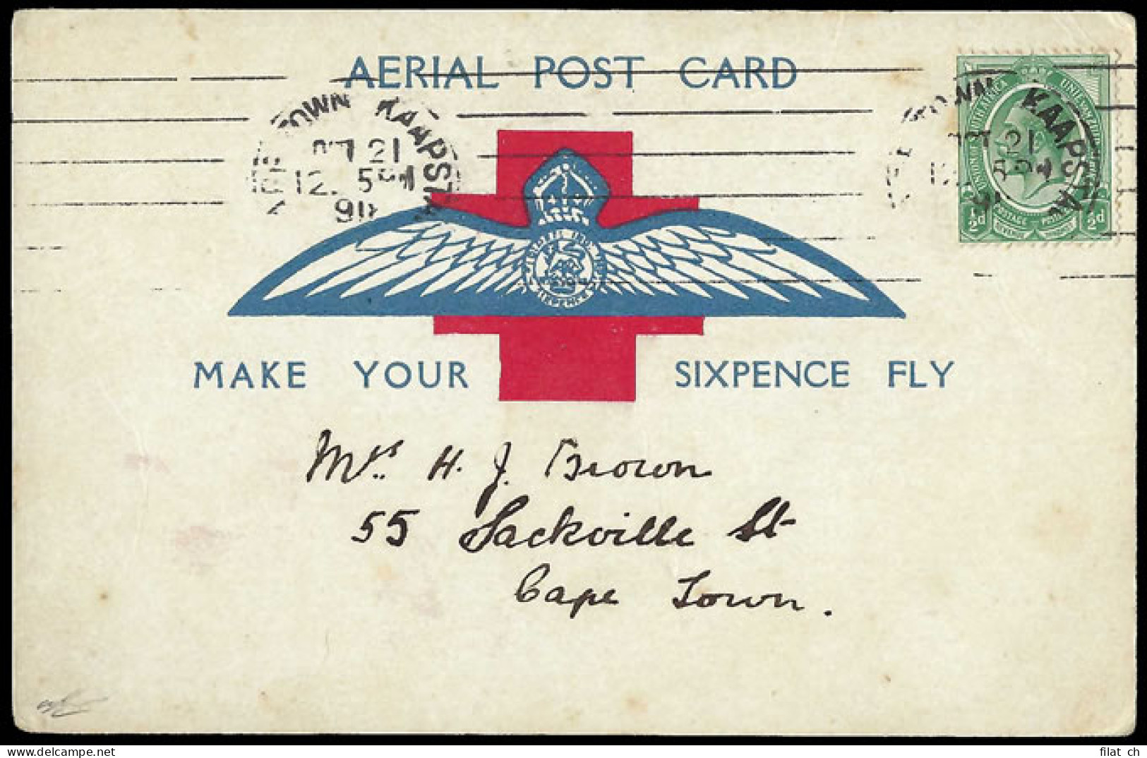 South Africa 1918 Cape Town Flight Card, Influenza Machine Cds - Airmail