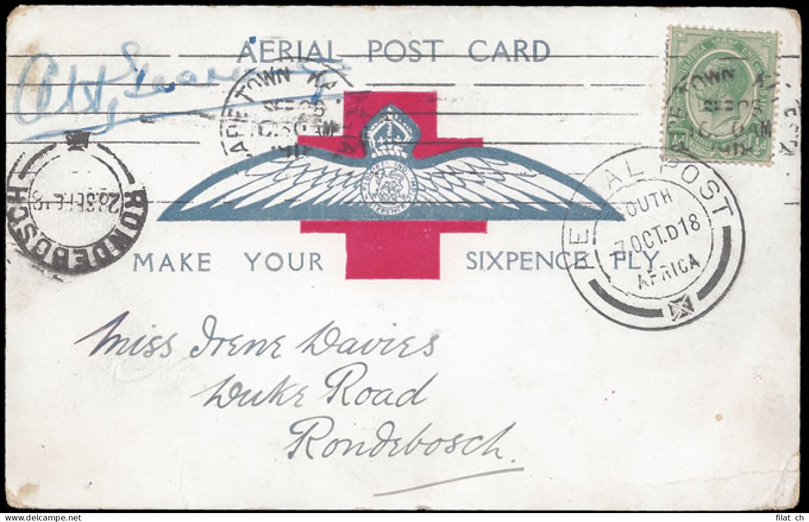 South Africa 1918 Cape Town Flight Pilot Signed Influenza Cancel - Poste Aérienne