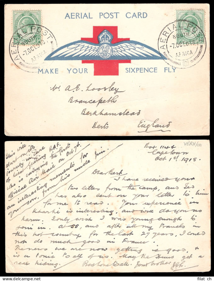 South Africa 1918 Cape Town First Flight Card, Overseas Franking - Poste Aérienne