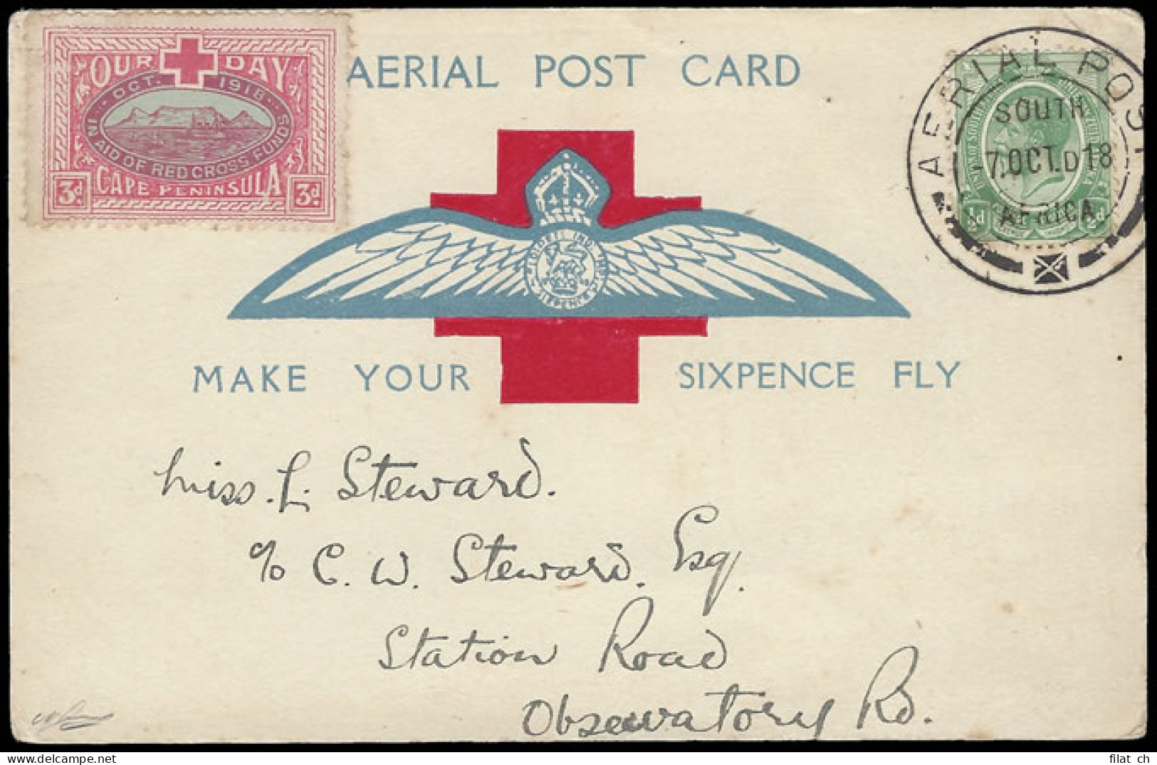 South Africa 1918 Cape Town First Flight Card With Our Day Label - Luchtpost