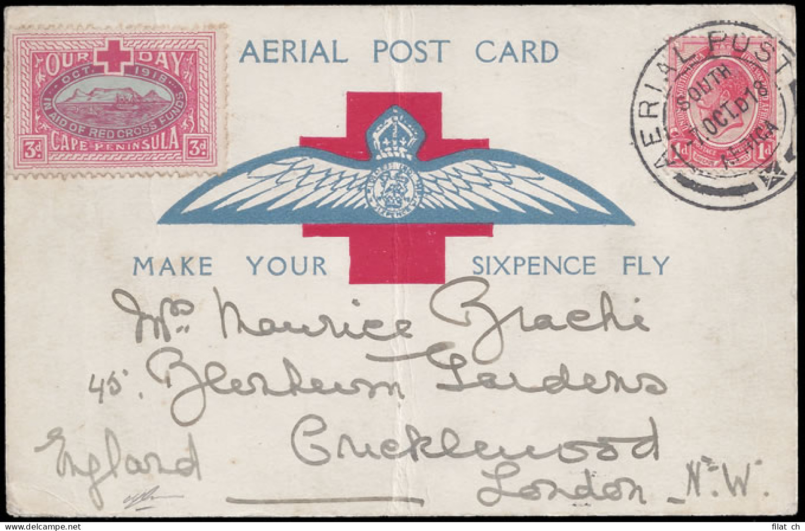South Africa 1918 Cape Town First Flight Card, Our Day Label - Luchtpost