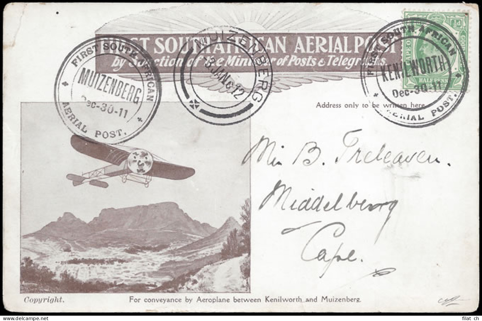 South Africa 1911 Second Flight Card Kenilworth - Muizenberg - Poste Aérienne