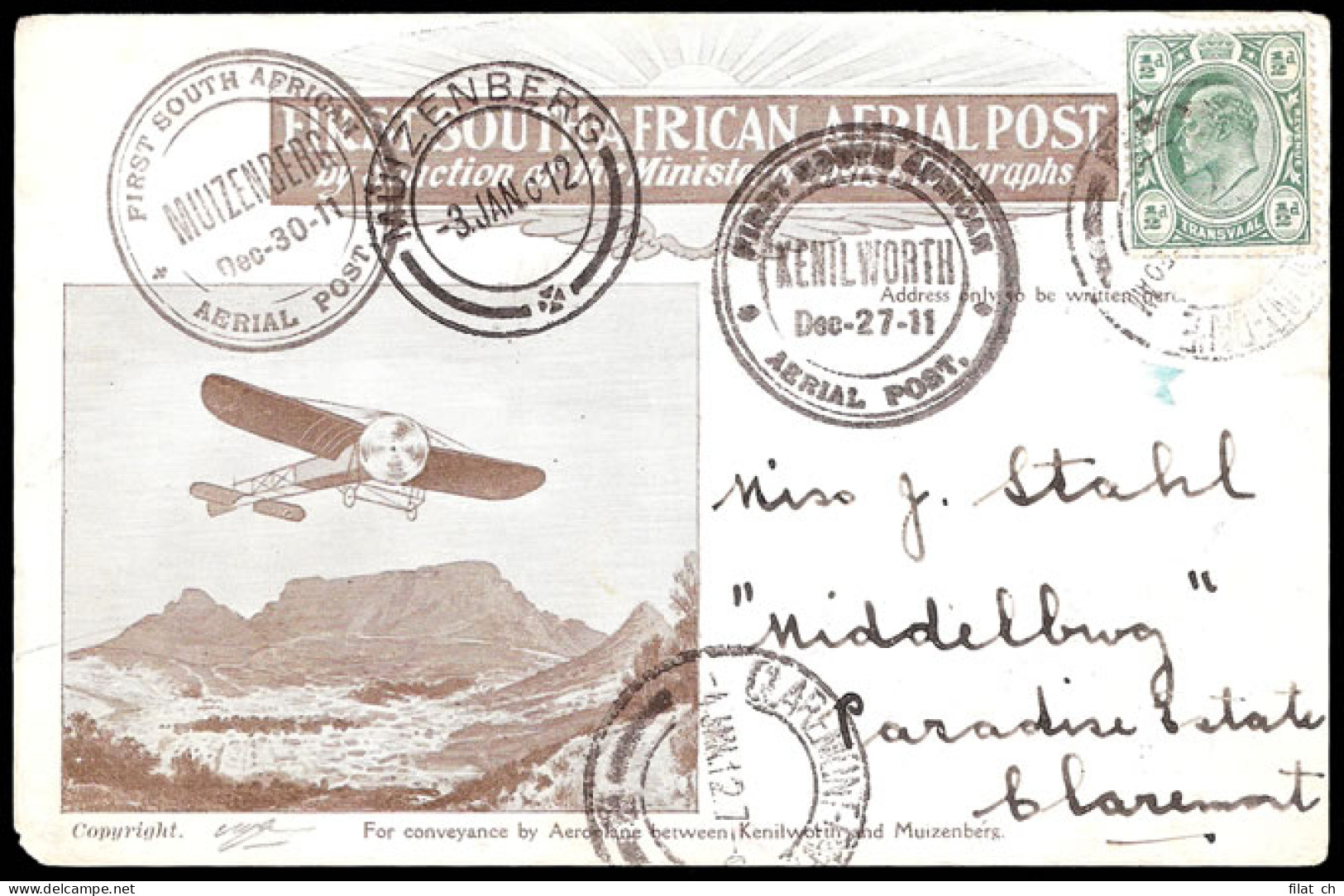 South Africa 1911 Second Flight Card, Kenilworth Date Error - Poste Aérienne