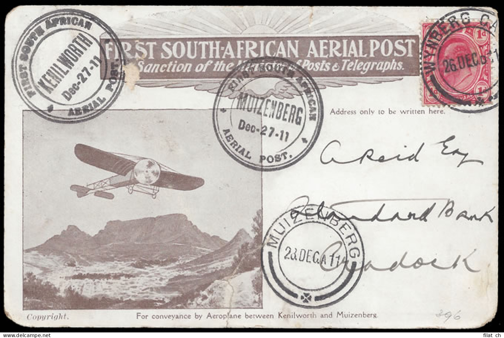 South Africa 1911 First Flight Card Kenilworth - Muizenberg - Luchtpost