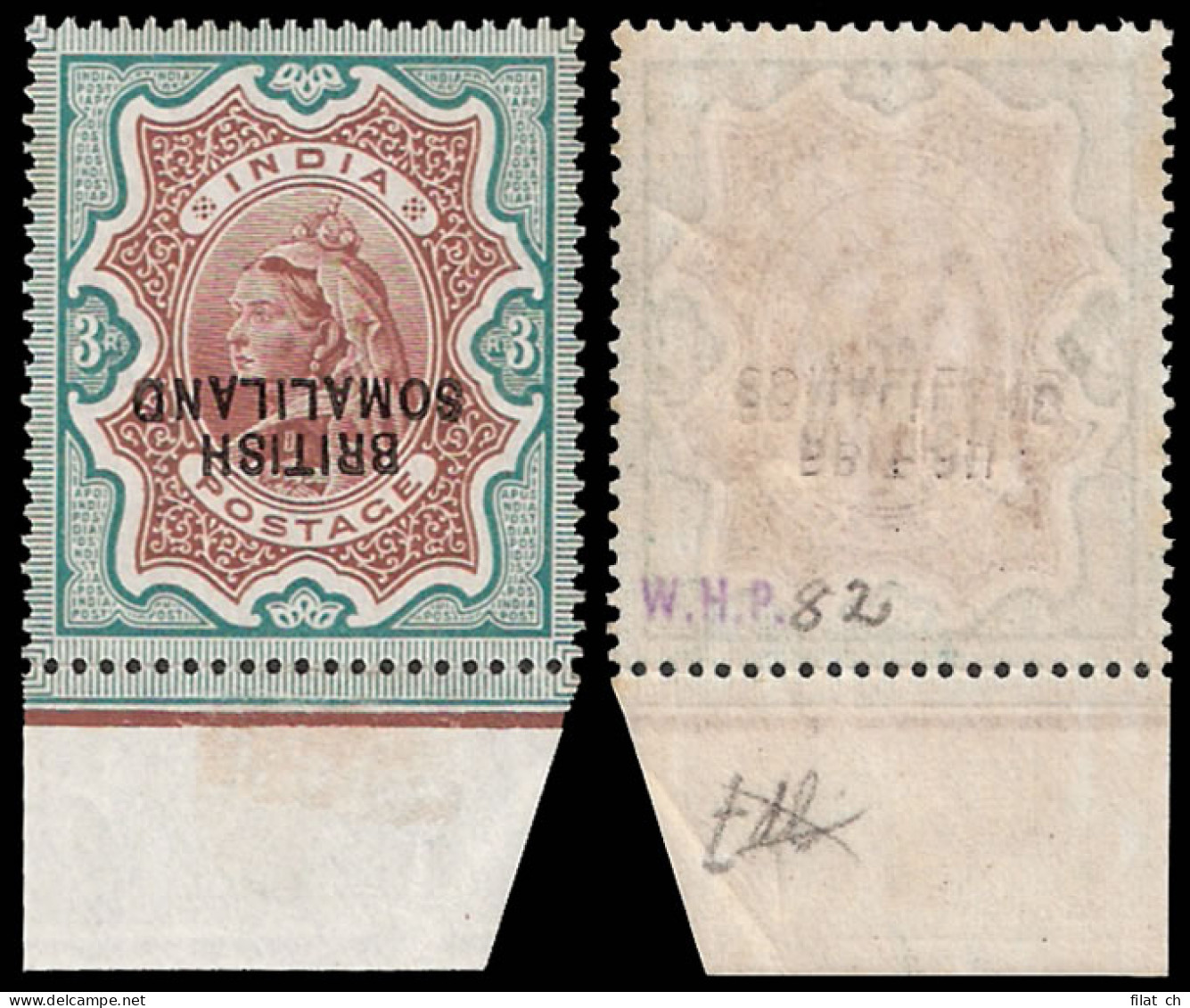 Somaliland 1903 QV 3R Ovpt Double, Both Invert, One Albino VF/M  - Somaliland (Protectorate ...-1959)