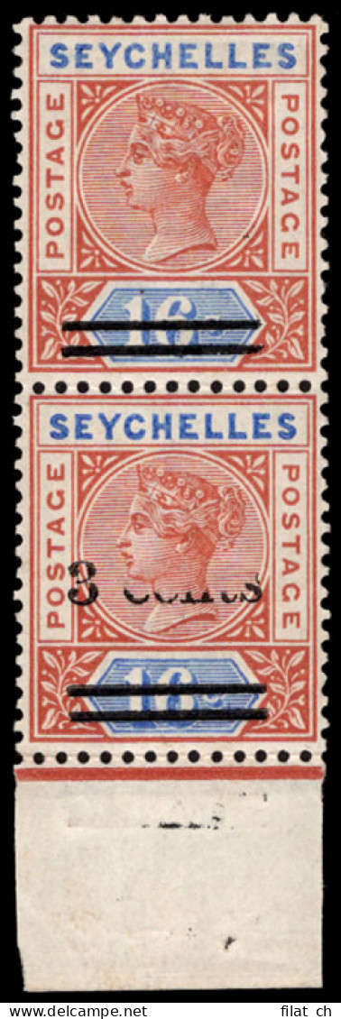 Seychelles 1901 QV 3c On 16c, "3 Cents" Omitted In Pair, Cert - Seychellen (...-1976)