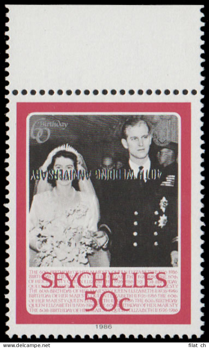 Seychelles 1987 50c 40th Wedding Anniversary Ovpt Inverted - Seychellen (...-1976)