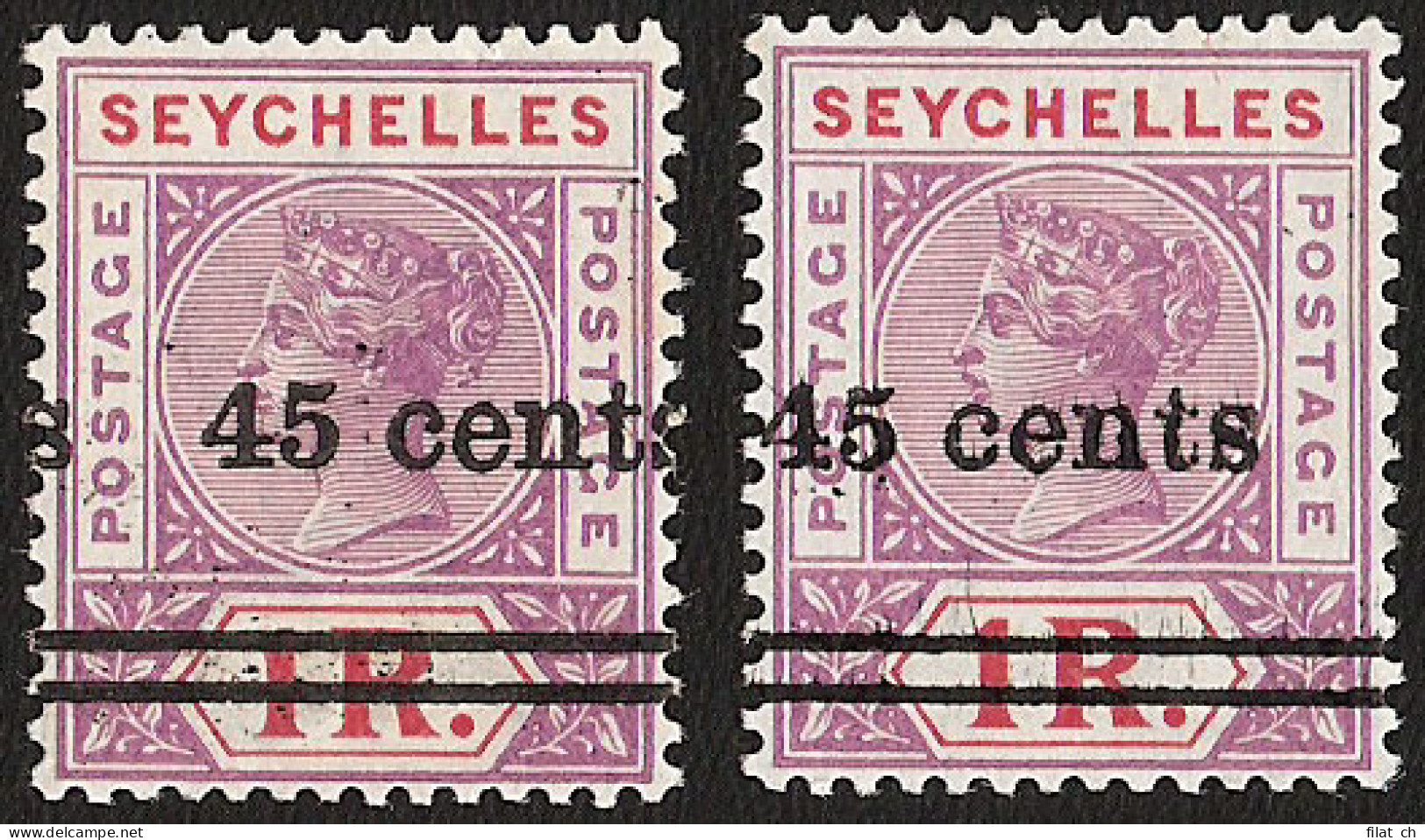 Seychelles 1902 QV 45c On 1R Misplaced Surcharges - Seychellen (...-1976)