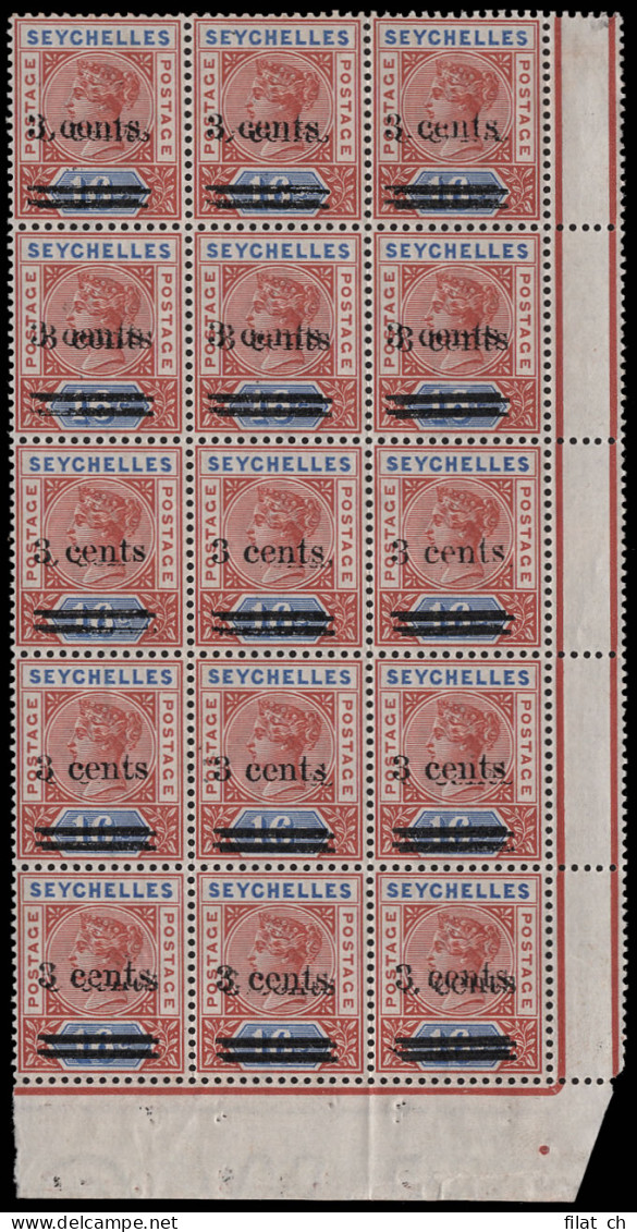 Seychelles 1901 QV 3c On 16c Surcharge Double Block Of 15, UM - Seychellen (...-1976)