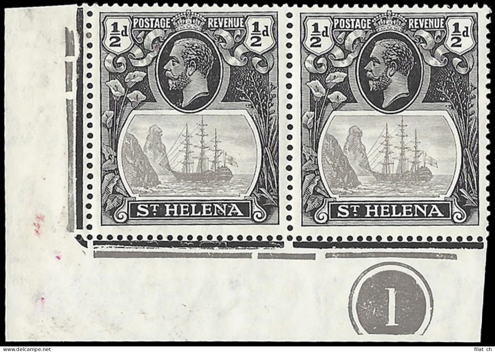 Saint Helena 1923 Badge Issue &frac12;d Cleft Rock Plate No Pair - Saint Helena Island