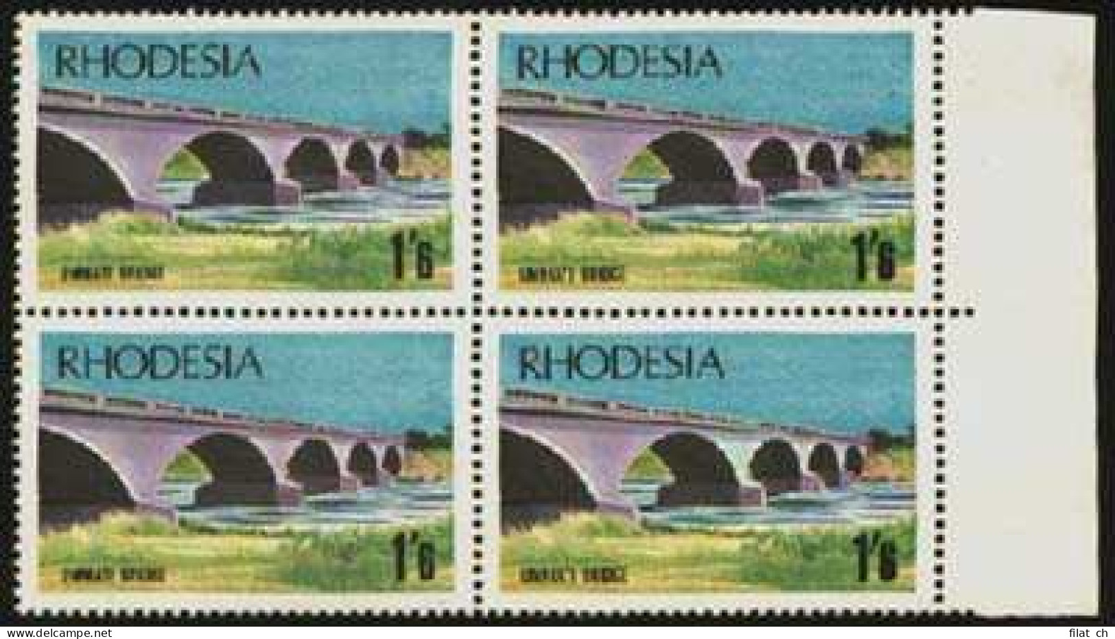 Rhodesia 1969 1/6 Bridge, White Arch Variety VF/UM Block - Other & Unclassified