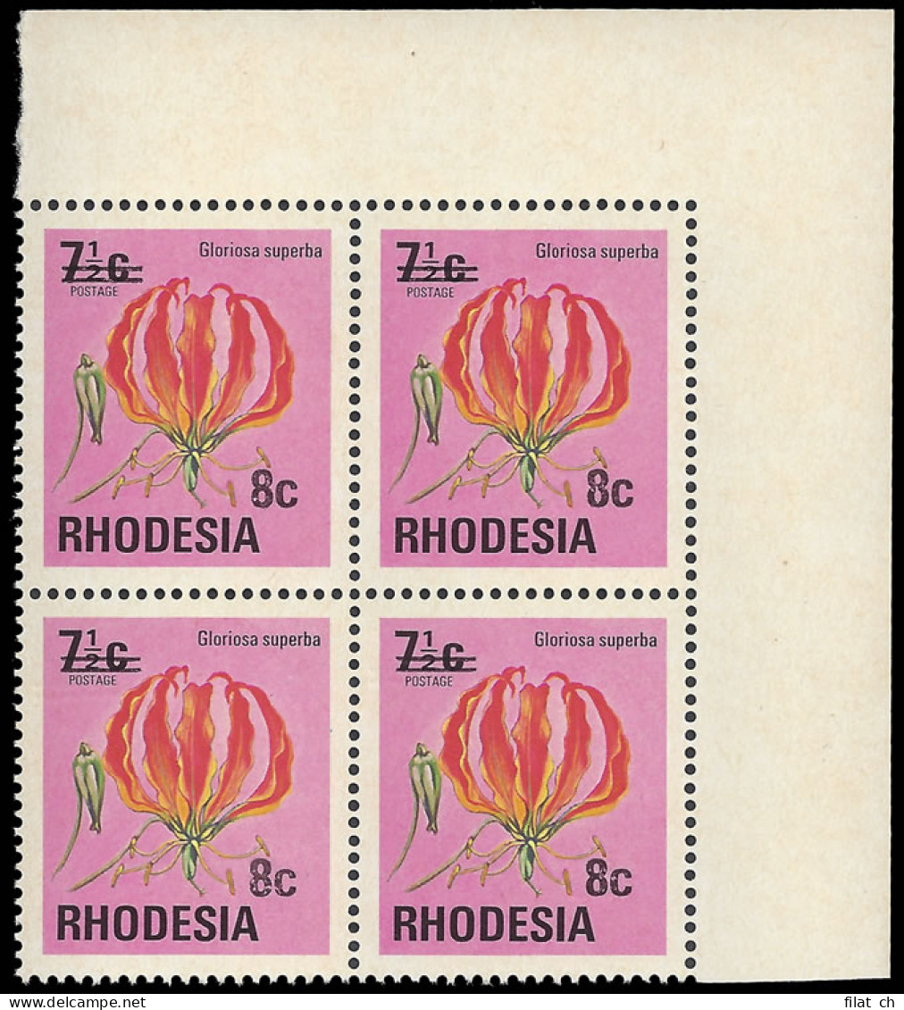Rhodesia 1976 8c Flame Lily Surcharge Double, One Albino Block - Autres & Non Classés
