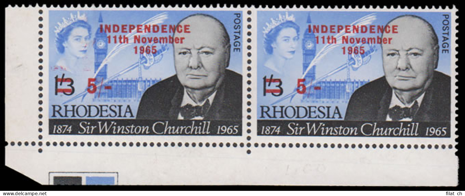 Rhodesia 1966 5/- Churchill With Offset Overprint Doubling - Other & Unclassified