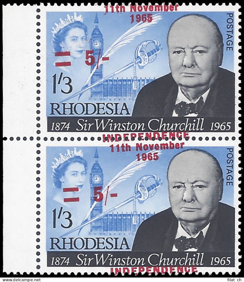 Rhodesia 1966 5/- Churchill Misplaced Overprints Pair - Andere & Zonder Classificatie