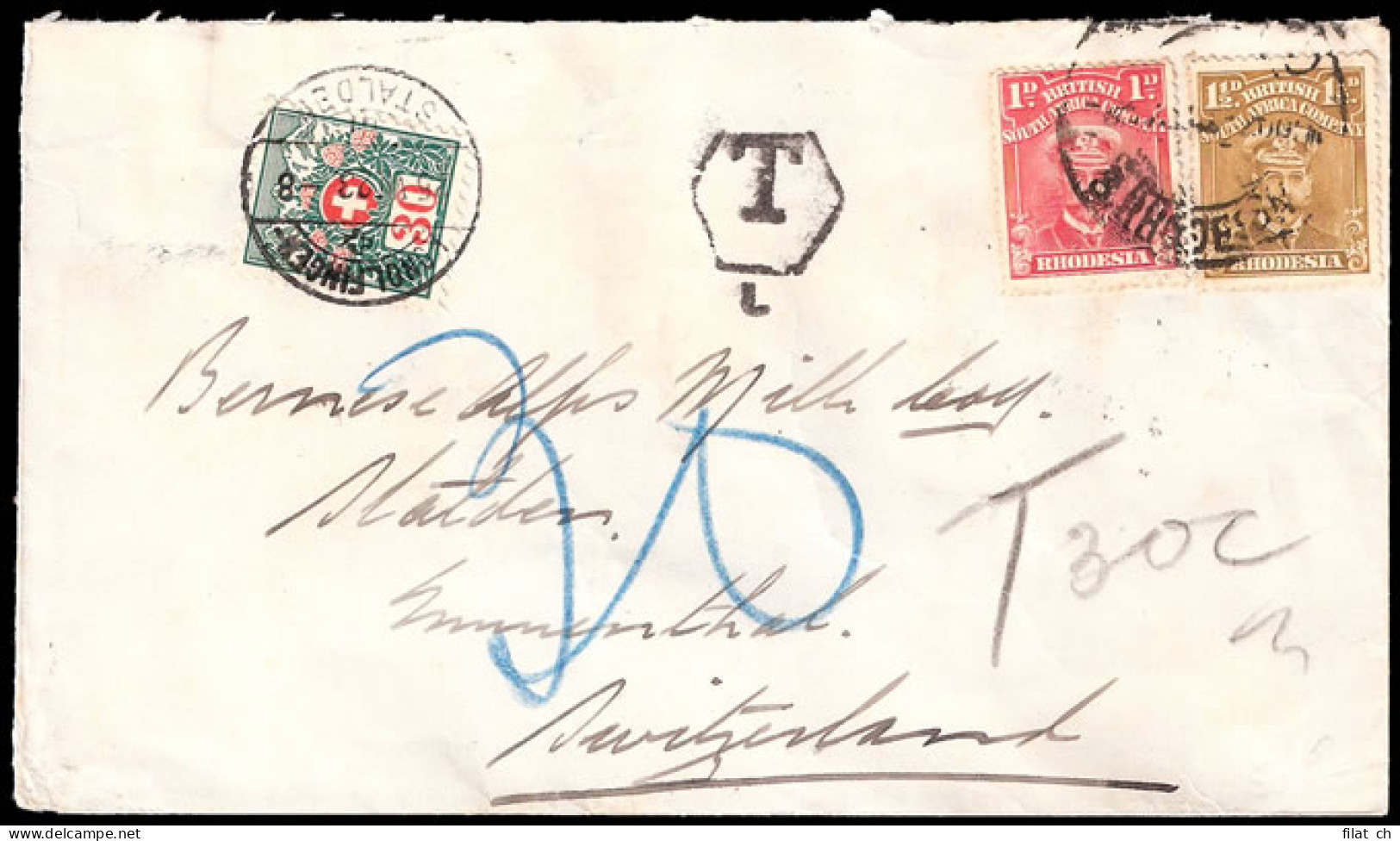 RHODESIA 1923 TAXED LETTER TO SWITZERLAND - Altri & Non Classificati