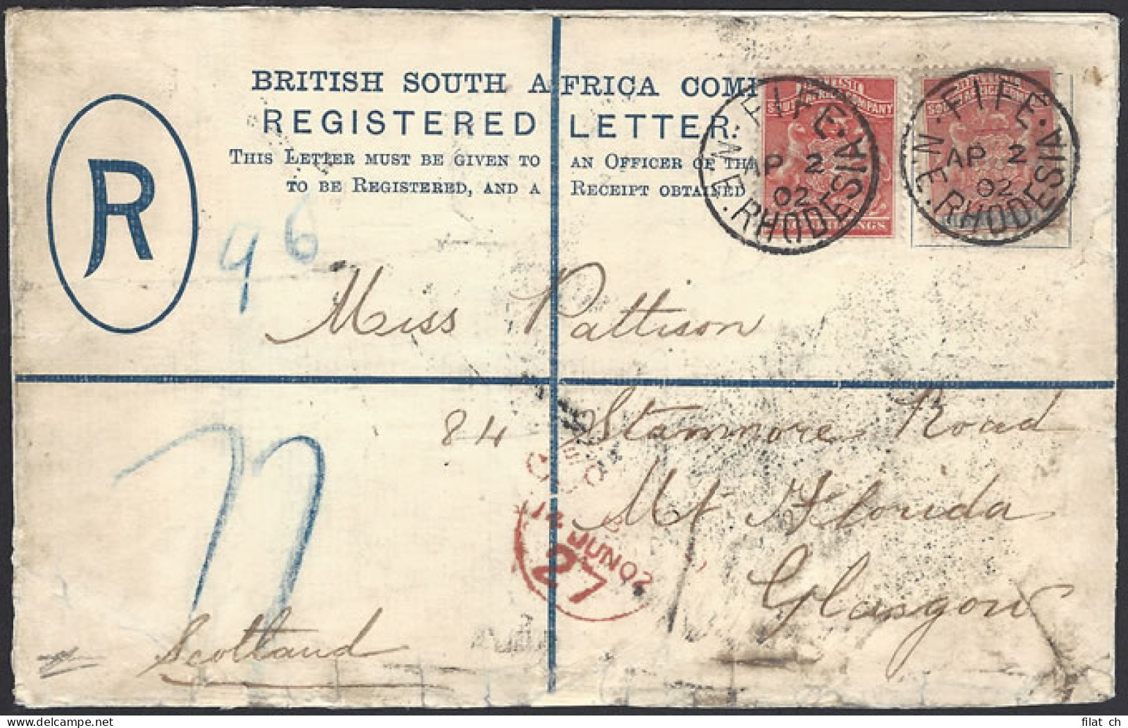 Rhodesia 1902 Registered Letter From Fife, Uprated 2s8d - Other & Unclassified