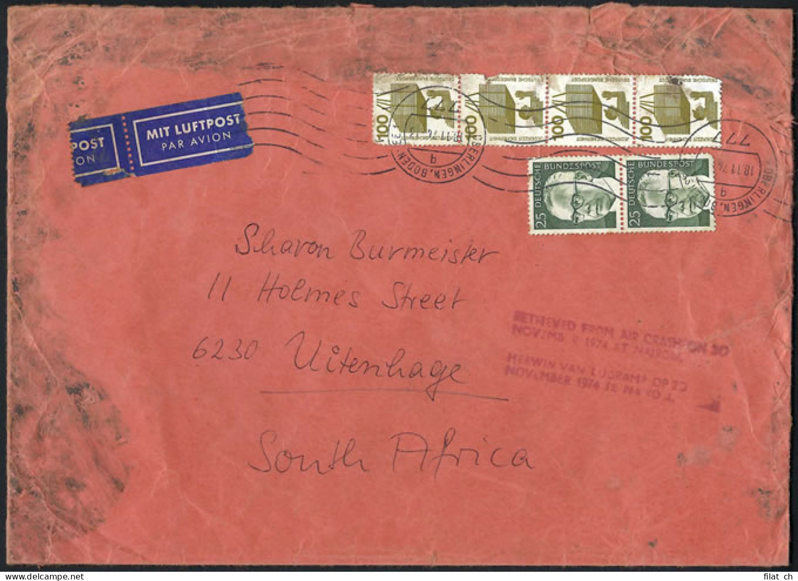 South Africa 1974 Nairobi Lufthansa Crash Cover Ex Germany - Unclassified