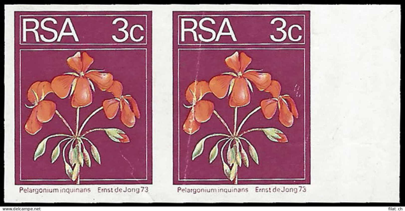 South Africa 1974 3c Geranium Imperf Pair - Unclassified