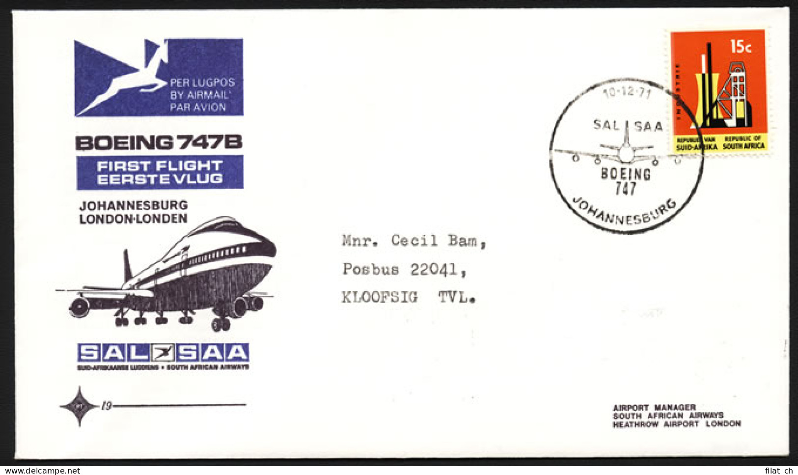 South Africa 1971 FDC SAA B747 Johannesburg - London - Sin Clasificación