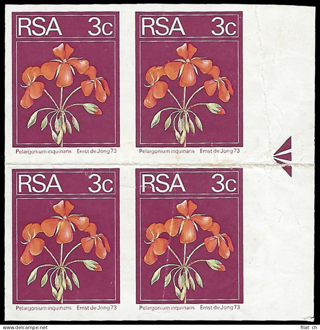 South Africa 1974 3c Geranium Imperf Arrow Block - Sin Clasificación